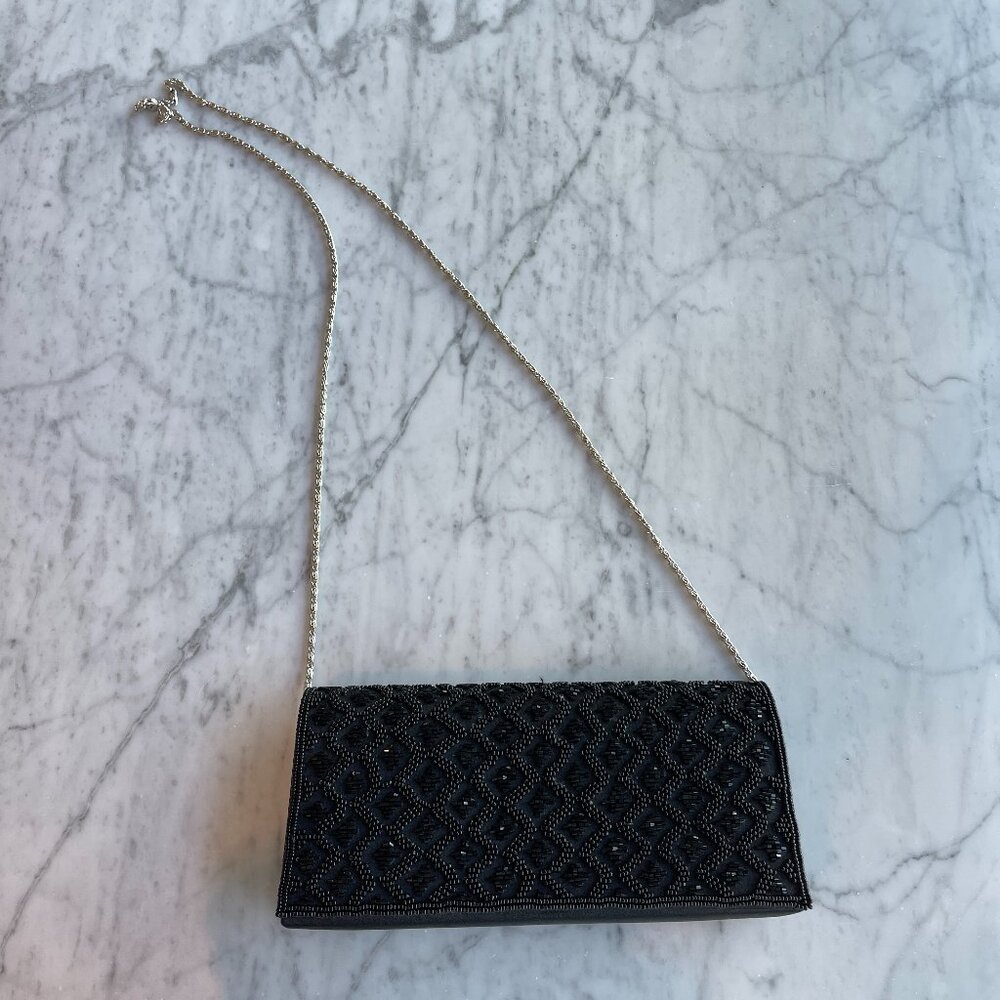 Black Beaded Geometric Evening Clutch with Elegant Chain Strap